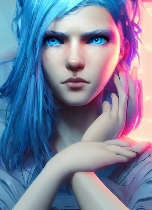 Image similar to beautiful young cyberpunk girl with blue hair, blue eyes, au naturel, holding her hands out, digital art, trending in artstation, cinematic lighting, studio quality, smooth render, fluorescent skin, unreal engine 5 rendered, octane rendered, art style by klimt and nixeu and ian sprigger and wlop and krenz cushart