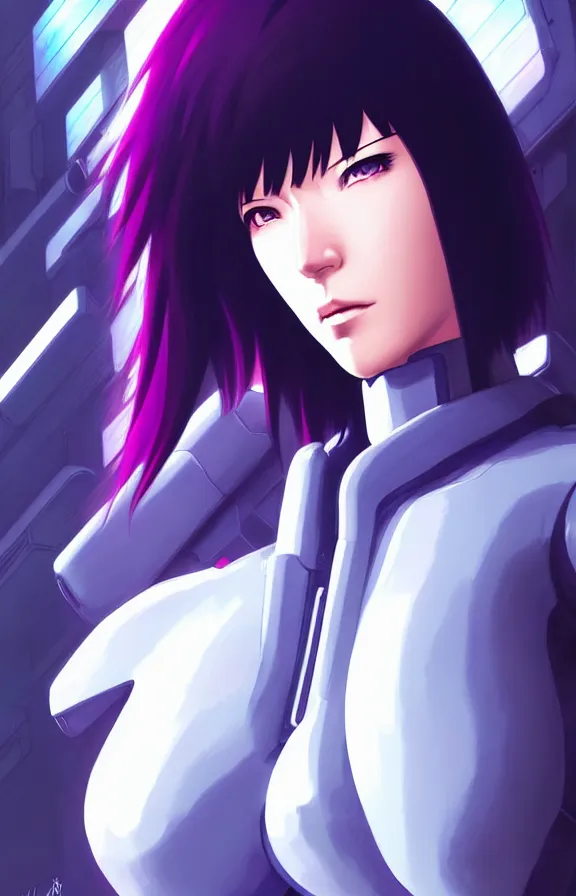 Image similar to a still fullbody portrait of motoko kusanagi ghost in the shell, finely detailed features, closeup at the faces, perfect art, at a cyberpunk city, gapmoe yandere grimdark, trending on pixiv fanbox, by ilya kuvshinov, rossdraws, artgerm