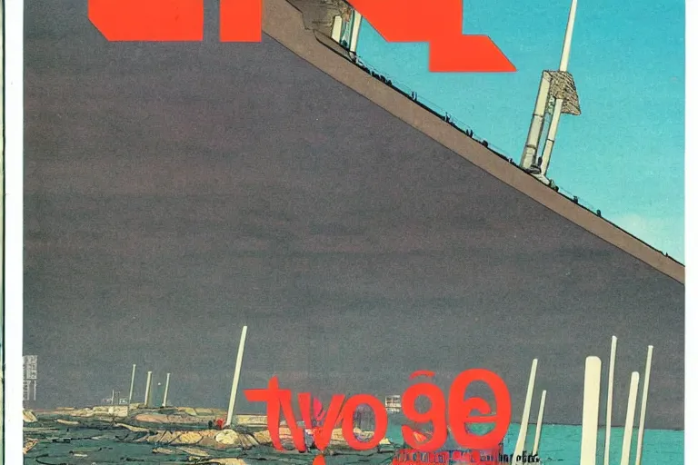 Image similar to 1979 Popular science Magazine Cover of a seawall. In the background is Neo-Tokyo in Akira style by Vincent Di Fate