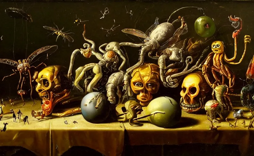 Image similar to disturbing colorful oil painting dutch golden age vanitas still life with bizarre mutant humanoid faces strange objects shiny gooey surfaces shiny metal bizarre insects rachel ruysch dali todd schorr very detailed perfect composition rule of thirds masterpiece canon 5 0 mm, cinematic lighting, chiaroscuro