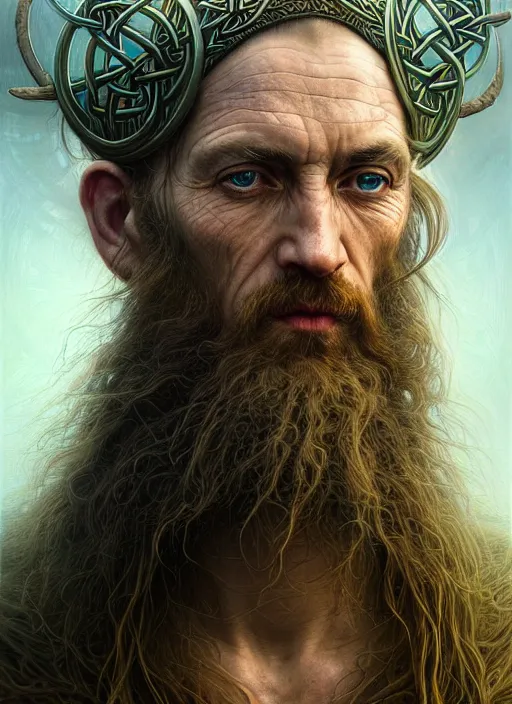 Prompt: closeup portrait shot of a celtic druid in a scenic dystopian environment, intricate, elegant, highly detailed, centered, digital painting, artstation, concept art, smooth, sharp focus, illustration, artgerm, tomasz alen kopera, peter mohrbacher, donato giancola, joseph christian leyendecker, wlop, boris vallejo