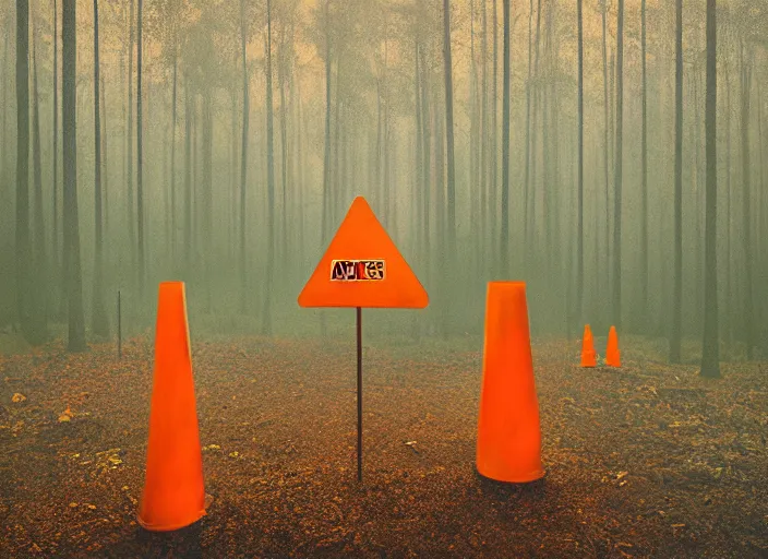 Prompt: a few orange safety cones in a beautiful strange forest a black fuzzy beast with long nose stands in the distance, cinematic painting by james jean, atomspheric lighting, moody lighting, dappled light, detailed, digital art, limited color palette, wes anderson, 2 4 mm lens, surreal