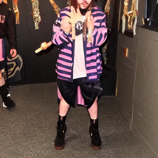 Image similar to full outfit photograph of post Malone cosplaying as astolfo,