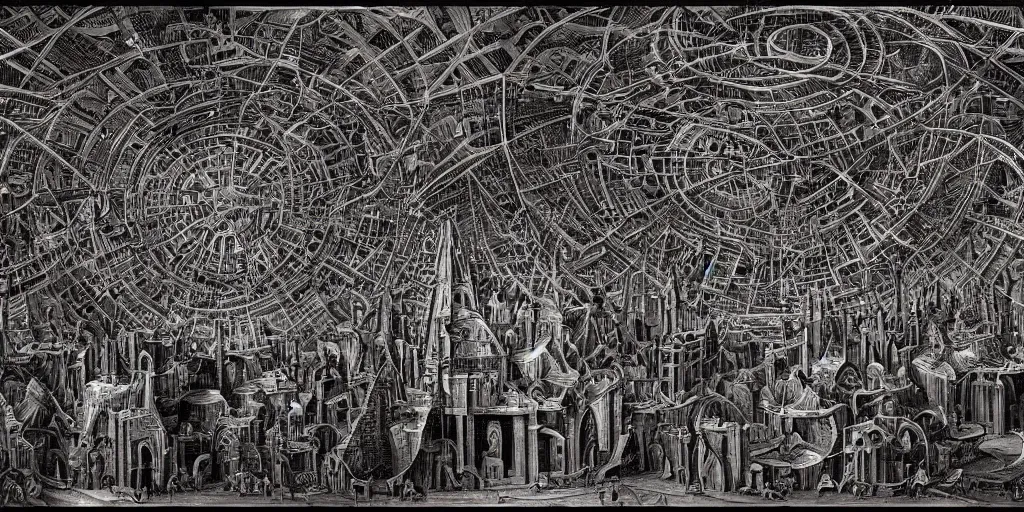 Image similar to labyrinth megastructure in the style of heironymus bosch, dark intricate masterpiece, hyper detailed, hd