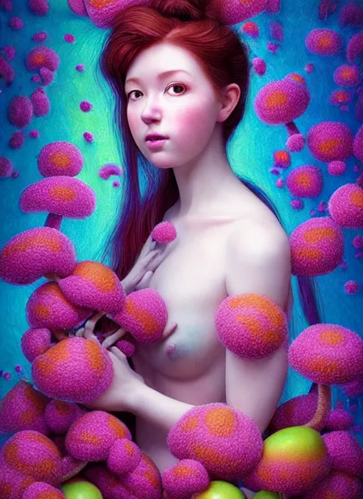 Image similar to hyper detailed 3d render like a Oil painting - kawaii standing portrait Aurora (auburn haired Singer Weaslwaif) seen Eating of the Strangling network of yellowcake aerochrome and milky Fruit and Her delicate Hands hold of gossamer polyp blossoms bring iridescent fungal flowers whose spores black the foolish stars by Jacek Yerka, Mariusz Lewandowski, Houdini algorithmic generative render, Abstract brush strokes, Masterpiece, Edward Hopper and James Gilleard, Zdzislaw Beksinski, Mark Ryden, Wolfgang Lettl, hints of Yayoi Kasuma, octane render, 8k