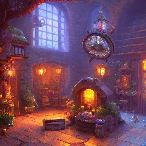 Prompt: electronic 3D Art of an alchemist room by thomas kinkade, Albert Bierdstat and Andreas Rocha, digital art, Trending on artstation, rectilinear.