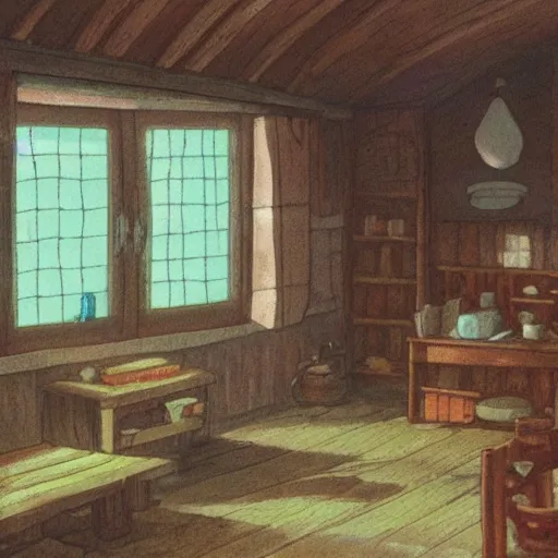 Image similar to studio Ghibli, the interior of a small cottage, warm lighting