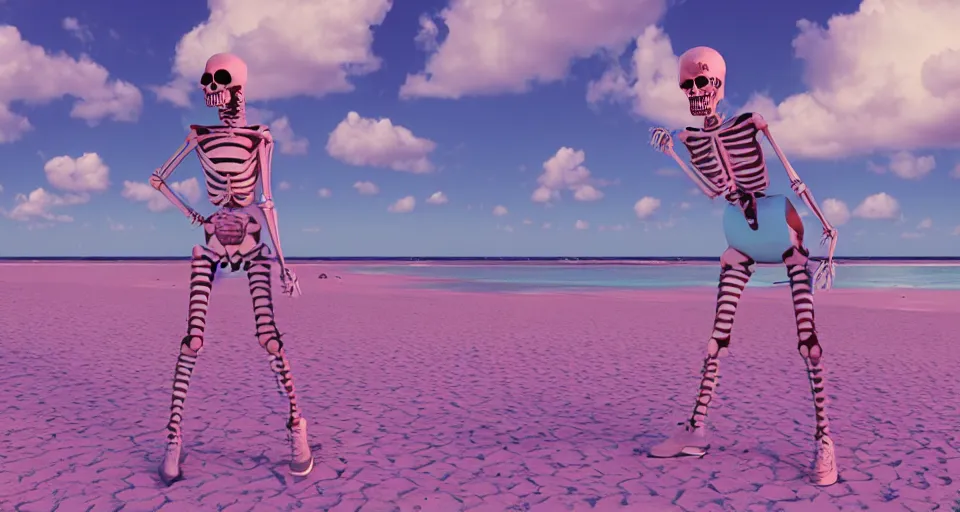 Image similar to fullbody vaporwave art of a fashionable skeleton girl at a beach, early 90s cg, 3d render, 80s outrun, low poly, from Hotline Miami