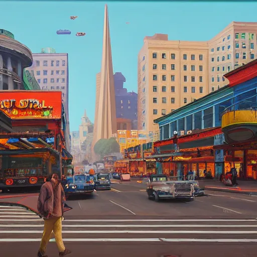 Image similar to Market Street, San Francisco; oil on canvas by Klaus Bürgle and Imperial Boy and Simon Stålenhag; Redwood covered natural city future dream world-H 740