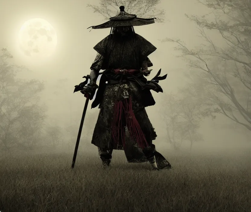 Prompt: 'a samurai! haunted by souls with a big full moon on background , gloomy and foggy atmosphere, octane render, artstation , horror scene, highly detailded'