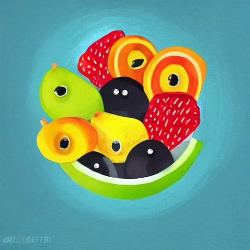 Prompt: a still life of a bowl of fruit with googly eyes on all the fruit, trending on artstation