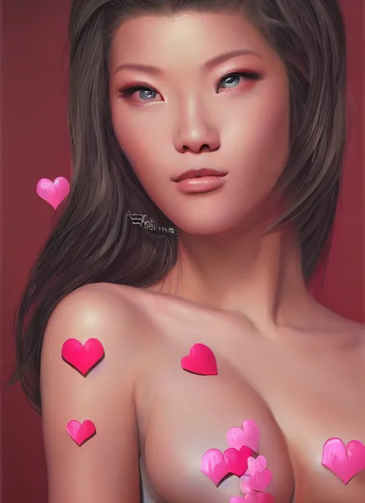 Prompt: a portrait of Boa Hancock as a real beautiful woman, pink hearts in the background , romantic themed, beautiful face, intricate, highly detailed, digital painting, artstation, concept art, smooth, sharp focus, illustration, art by Greg Hildebrandt