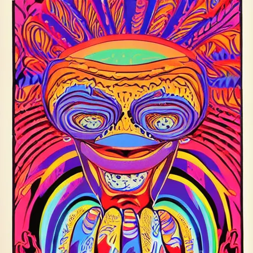 Image similar to Fillmore concert poster for The Bozone April 20, 1969 by Victor Moscoso and S. Clay Wilson, psychedelic, intricate paisley filigree Bozo the clown. red clown nose, mandala, day-glo colors, flowing lettering