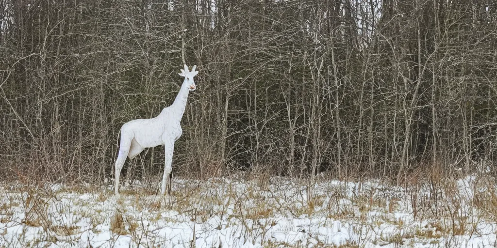 Prompt: a long maned spotless albino white giraffe elk walks alone thru an enchanted forest, majestic!!! beautiful!!!, ethereal!!!, loving, ultra realistic, winter, golden hour, volumetric lighting, sharp focus