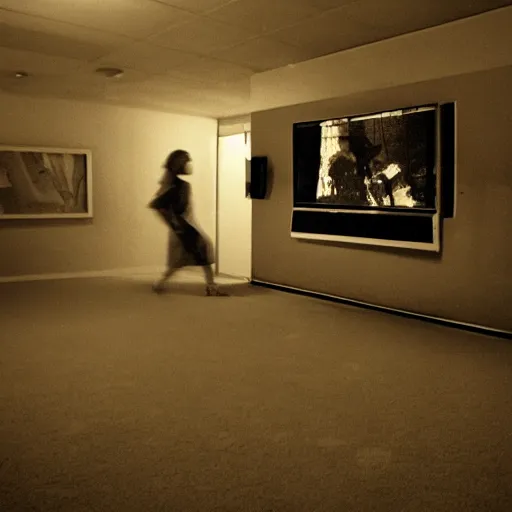 Prompt: empty room full of television screens, woman watching, shadow figure, 8 mm, analog, found footage