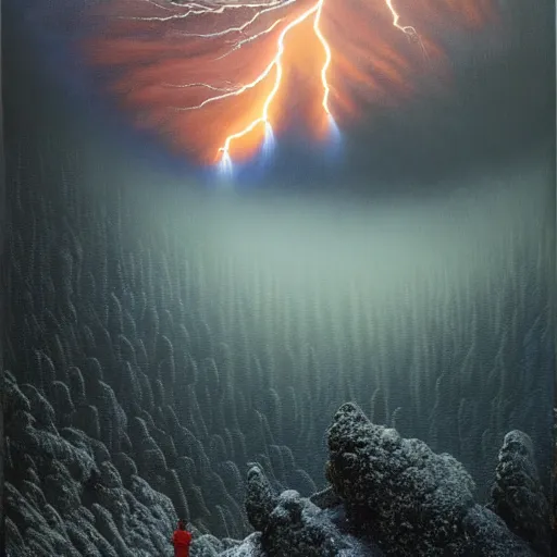 Image similar to a beautiful acrylic painting of group of climbers, extreme cold, storm, octane rendering, grim, dark, gloomy, cruel, volumetric lightning, hyperrealism, dichromatism, split - complementary colors, saturated colors, no blur, 4 k resolution, ultra detailed, john atkinson grimshaw, ivan shishkin, tyler edlin, scott listfield, eric zener