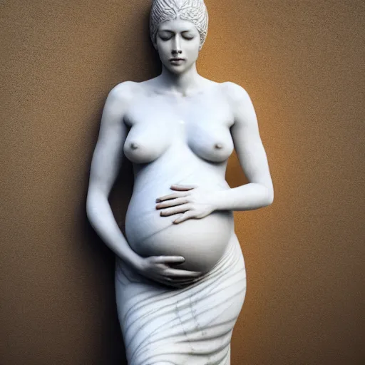 Prompt: a statue made of white marble with gold veins, of an beautiful pregnant woman in a light dress, perfect symmetrical body, perfect symmetrical face, closed eyes, hyper realistic, hyper detailed, fujicolor superia, bokeh background, full body shot, by peter kemp, by monia merlo octane render, blender, 8 k