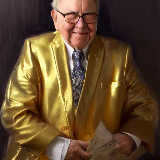 Prompt: detailed realistic cinematic wide shot of beautiful attractive young warren buffet hybrid bear tech man wearing gold suit robe slim face symettrical face clean skin black eyes black robe smooth, sharp focus, ultra realistic, spring light, painting by gaston bussiere, craig mullins, j. c. leyendecker