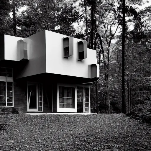 Prompt: architecture ad for a mid-century modern house in the middle of the forrest, designed by Frank Gehry. Film grain, cinematic, grayscale, blue hue