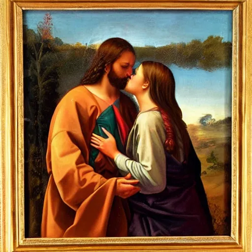 Image similar to 1 8 th oil panting of a jesus kissing a woman