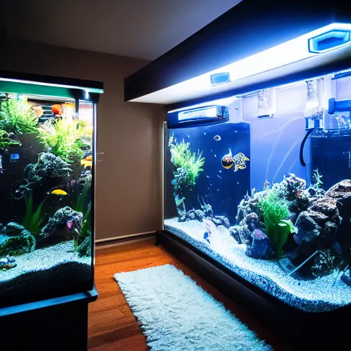 Prompt: a house full of fish tanks, professional photo, professional lighting, trending on artstation, hdr, instagram photo, 8 k