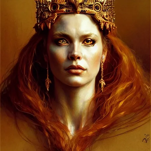 Image similar to highly detailed portrait of a majestic lioness queen in the form of a beautiful woman. d & d, art by gerald brom and ruan jia and carl larsson. trending on artstation, intricate details, energetic composition, golden ratio, concept art, illustration, elegant art