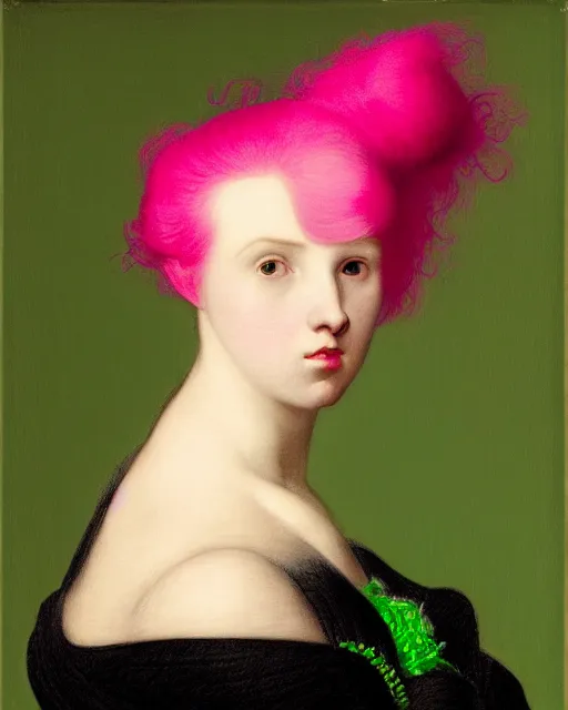 Image similar to photo-realistic portrait of a young pale woman with pink hair, wearing a neon green dress by Vivienne Westwood, intricate details, super-flat, in the style of James Jean, Jean Auguste Dominique Ingres, black background