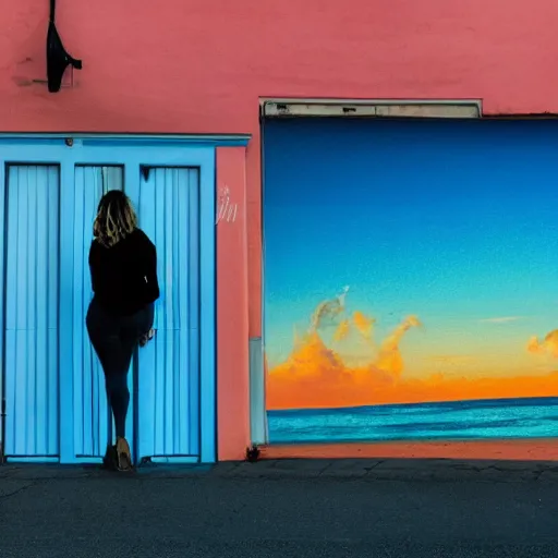 Image similar to a woman facing a blue portal on the street, which shows a beach at sunset