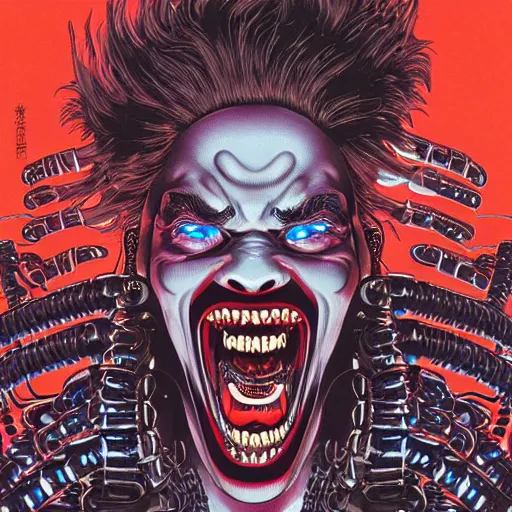 Image similar to portrait closeup of crazy screaming cyber post malone with red robotic eyes, symmetrical, by yoichi hatakenaka, masamune shirow, josan gonzales and dan mumford, ayami kojima, takato yamamoto, barclay shaw, karol bak, yukito kishiro