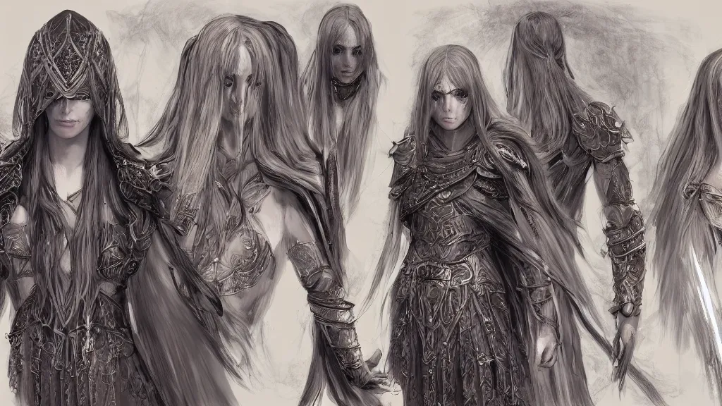 Image similar to concept art sheet, photorealistic symmetrical beautiful young female priestess with shiny hair wearing full intricate clothing, intricate, cg society, Elden Ring, darksouls, bloodborne