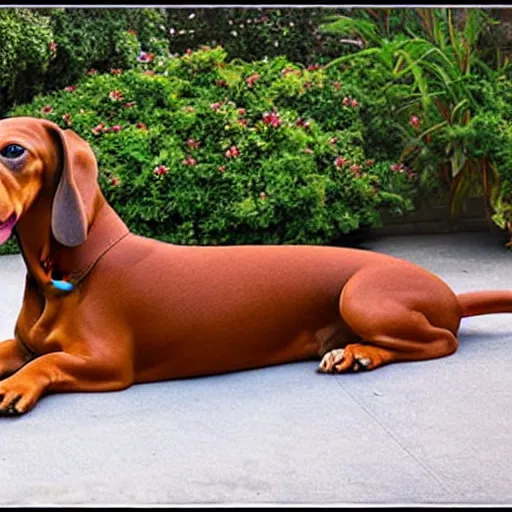 Prompt: realistic photo of a 10 foot long dachshund dog