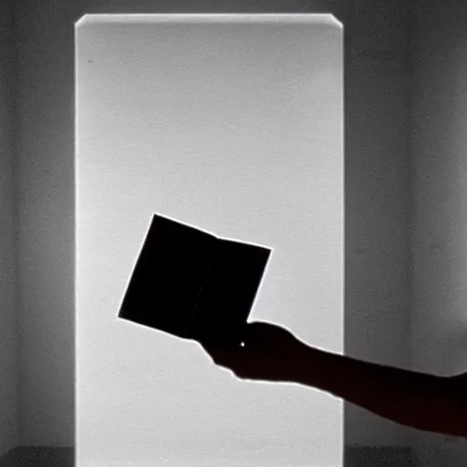 Image similar to a small open book floating in the middle of a large white room with no objects, xyz perspective, misterious, still from movie by stanley kubrick