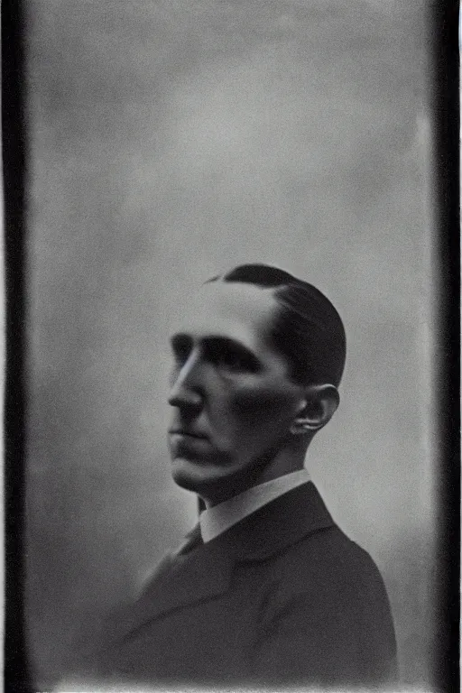Prompt: a dark, monochrome, glass negative, silver gelatine realistic, supersharp, supersharp, realistic, photographic portrait of h. p. lovecraft, tentacles in background, shallow depth of field, by edward c. curtis