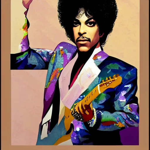 Image similar to a messy painting of Prince as a 70s pimp. Trending on ArtStation