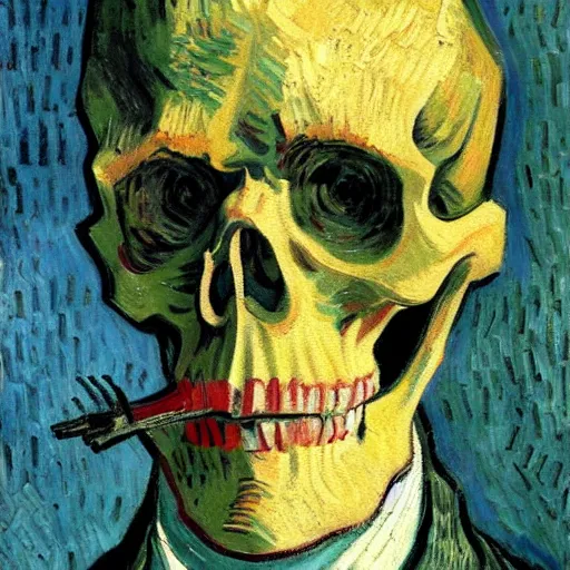 Prompt: detailed expressionist oil painting portrait by van gogh of a skeleton in a suit, a tall formal skeleton in suit and tie, expressionist portrait, color scheme of greys and whites, 8 k resolution, smooth, sharp focus