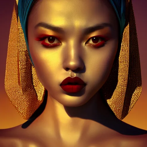 Image similar to giesha demon, innovative avant - garde art, deco fashion, asian women, highly detailed, photorealistic portrait, serene desert setting, golden hour, crisp quality and light reflections, octane render