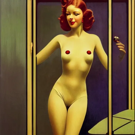 Prompt: retrofuturistic 1 9 3 0 s detailed oil painting of a woman in a window, cyberdeco catsuit, electronic billboards, tech noir, wet reflections, atmospheric, ambient, alexis flower, hopper, mucha, wlop, gil elvgren, grant wood,, livia prima, george tooker, greg rutkowski, whistler, norman rockwell, peter max