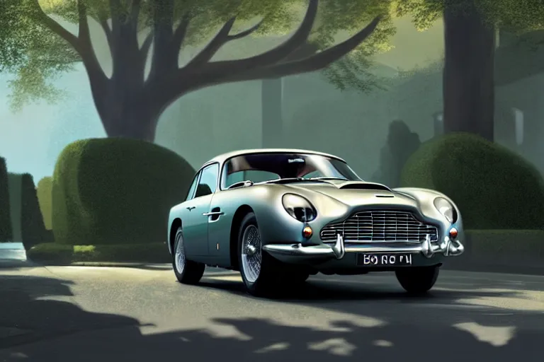 Image similar to a wholesome animation key shot of one focused aston martin db 5, on a residential london street, trees, medium range, studio ghibli, pixar and disney animation, sharp, very detailed, unreal engine 5 render, high resolution, anime key art by greg rutkowski