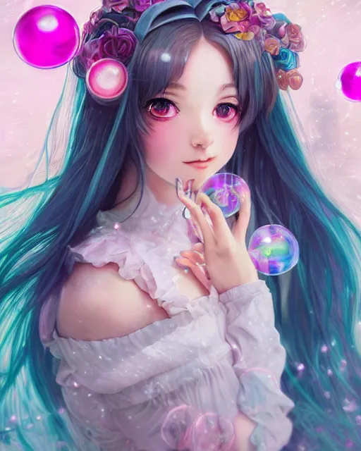 Image similar to portrait of magical lolita girl, dreamy and ethereal, expressive pose, big pink eyes, exciting expression, fantasy, intricate, elegant, many rainbow bubbles, rose tones, highly detailed, anime, artstation, concept art, cyberpunk wearing, smooth, sharp focus, illustration, art by artgerm and greg rutkowskiand alphonse mucha