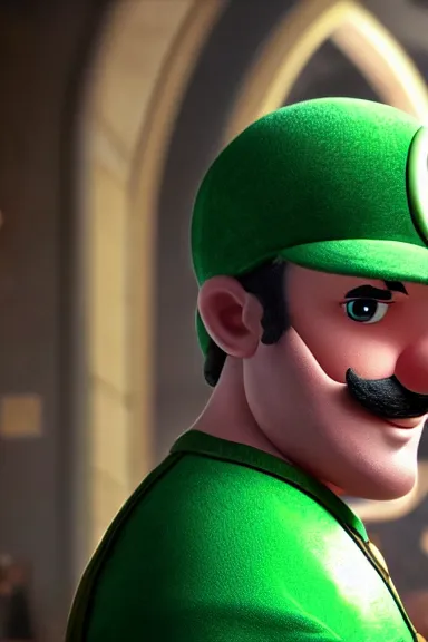 Image similar to very very intricate photorealistic photo of a realistic human version of luigi wearing his hat in an episode of game of thrones, photo is in focus with detailed atmospheric lighting, award - winning details