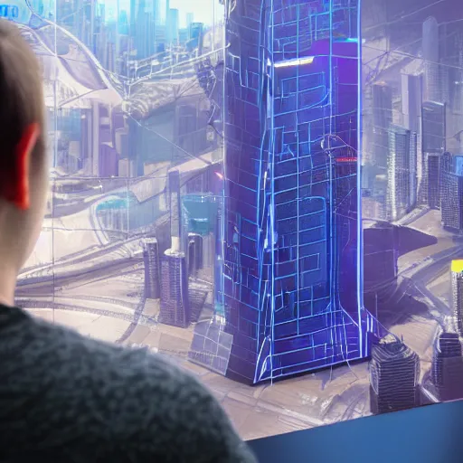 Prompt: Human studying three-dimensional hologram representation of base architecture in cyberpunk city