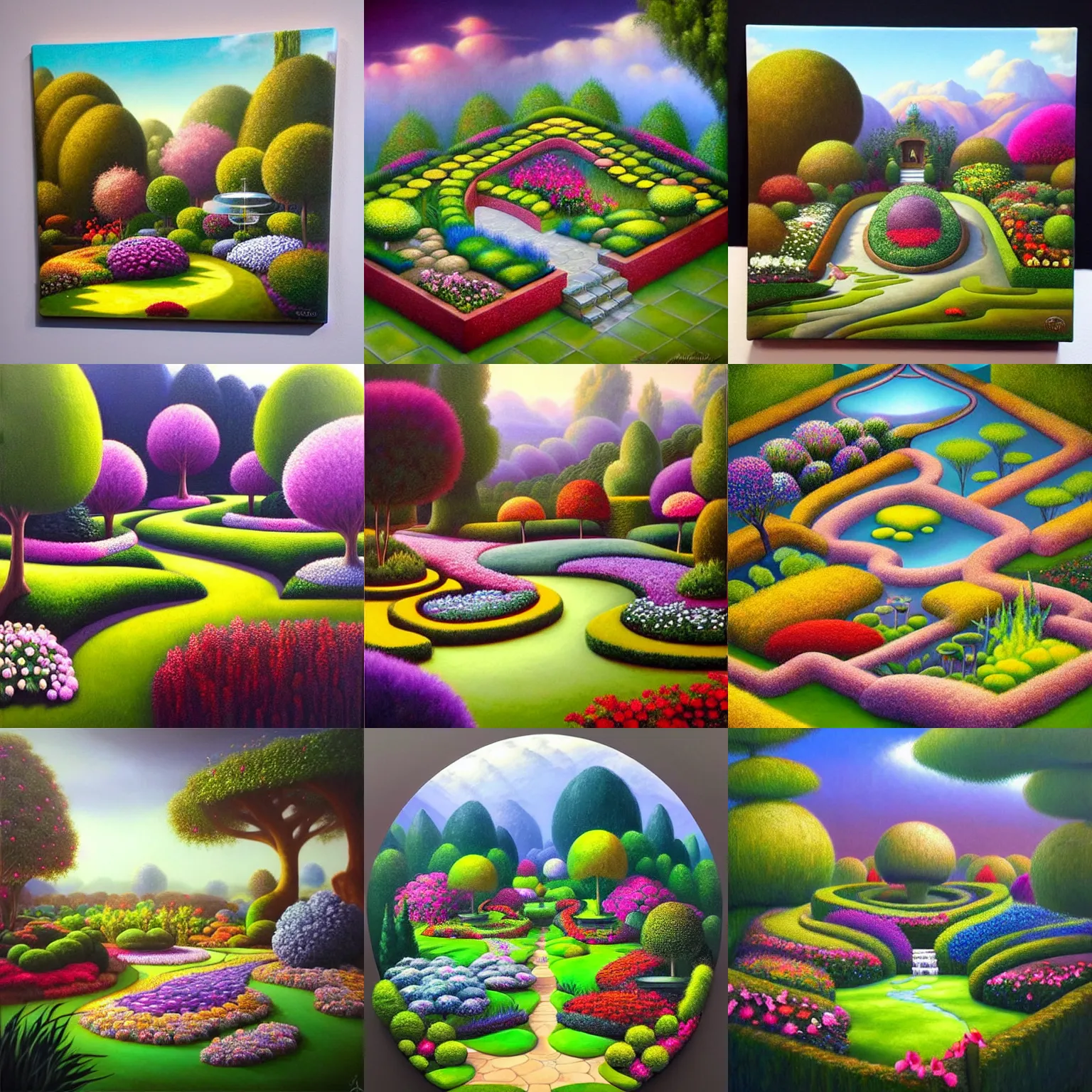 Prompt: a gorgeous, fantastic, magic garden landscape by michael kidd, isometric, trending on artstation, artgerm, acrylic on canvas, muted color tones, darker,!! low contrast!!