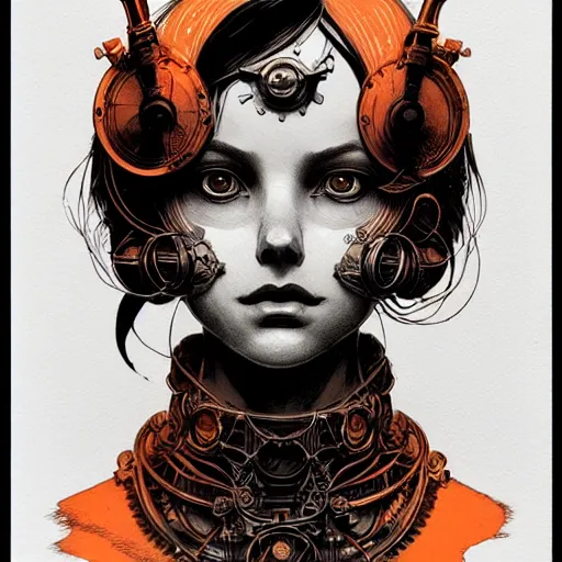 Prompt: portrait top light, by killian eng and joe fenton and martin deschambault and conrad roset, inspired by victorian steampunk, orange and grey only, etching and paint wash, fine sharp high detail,