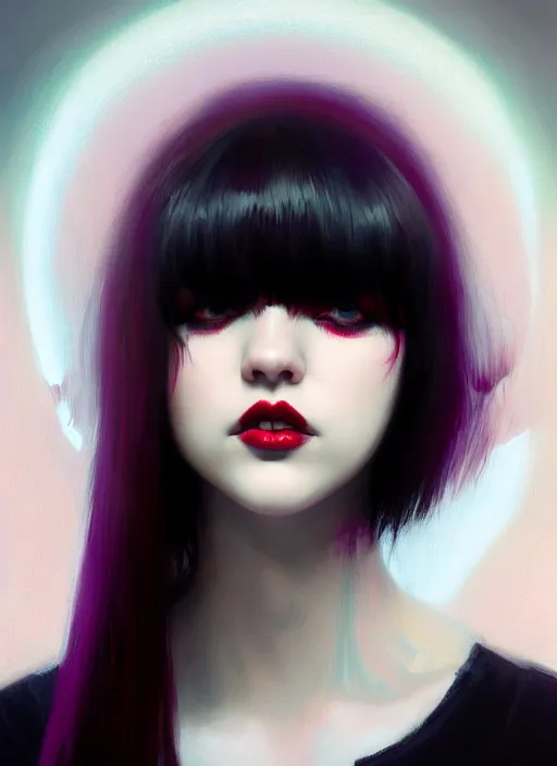 Image similar to portrait of teenage girl, red irises, red eyes, black hair, white bangs, purple lipstick, white bangs, bangs, black hair and white bangs, intricate, elegant, glowing lights, highly detailed, digital painting, artstation, concept art, smooth, sharp focus, illustration, art by wlop, mars ravelo and greg rutkowski