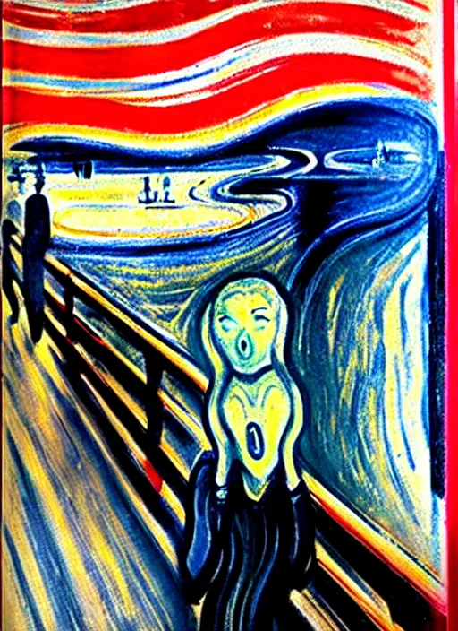 Image similar to oil painting of The Scream !!taking a seflie!! with an iPhone!! by Edvard Munch