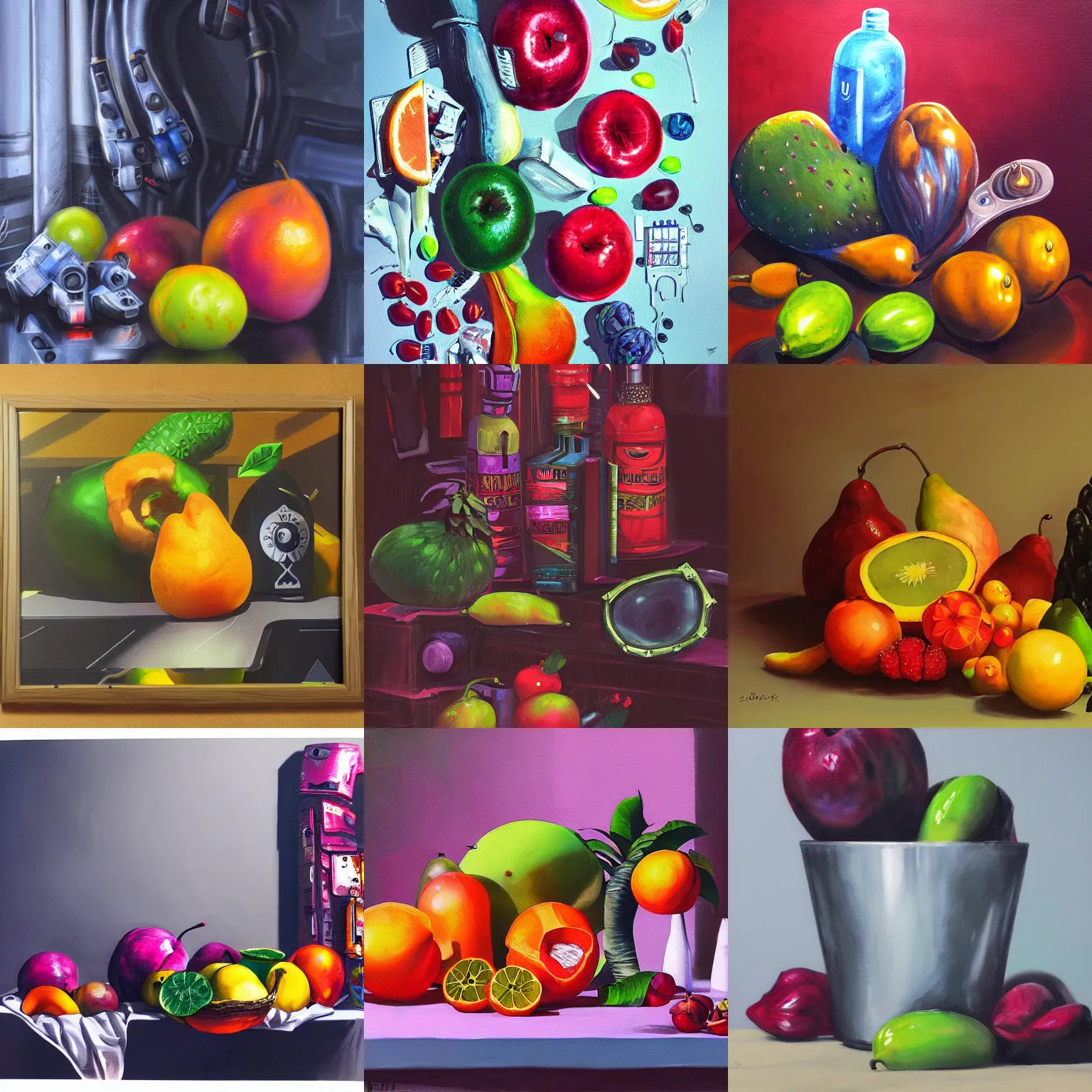 Prompt: cyberpunk fruit still life painting