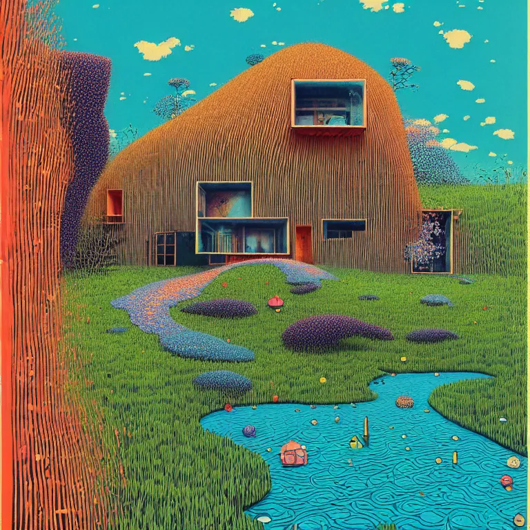 Image similar to surreal glimpse into other universe, a house by kengo kuma on an island, summer morning, very coherent and colorful high contrast, art by!!!! gediminas pranckevicius!!!!, geof darrow, floralpunk screen printing woodblock, dark shadows, hard lighting, stipple brush technique,