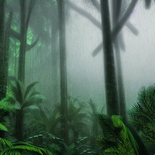 Prompt: photorealistic picture of a misty rainforest on a rainy day, hyperrealistic details