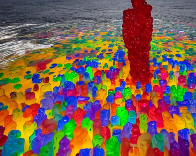 Image similar to a giant sculpture made out of thousands of tons of gummy bears in a human head shape, on the surface of the ocean, in the style of chad knight, long shot, hyper detailed, hyper realistic, ray tracing, 8 k resolution, sharp focus, realistic water, award winning sculpture