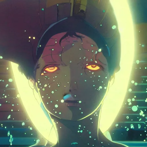 Prompt: anime of a punk cyborg woman, water particles floating in the air, finely detailed facial features, weathered drawing, film grain, bright neon lighting, dark pastel colors, drawn by satoshi kon, katsuhiro otomo